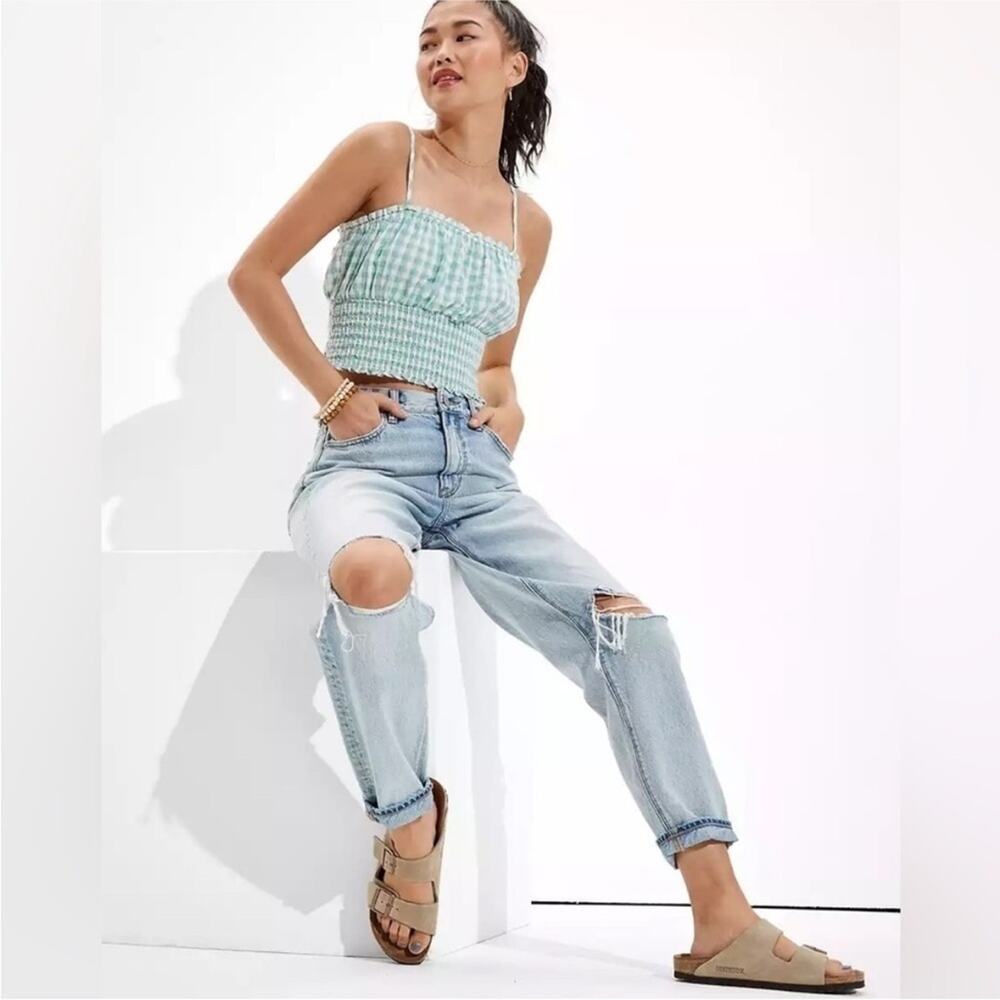 American Eagle Turquoise Gingham Cotton Linen Smocked Cami Cropped Top XL